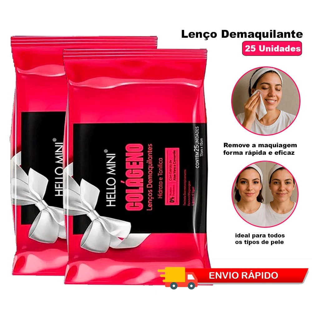 Lenços Demaquilantes Hello Mini Colágeno 25 Unidades Remove Maquiagem e Limpa Pele