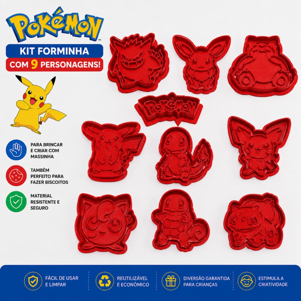 Kit Forminhas Cortador Pokémon 9 Personagens Biscuit Massinha e Biscoito