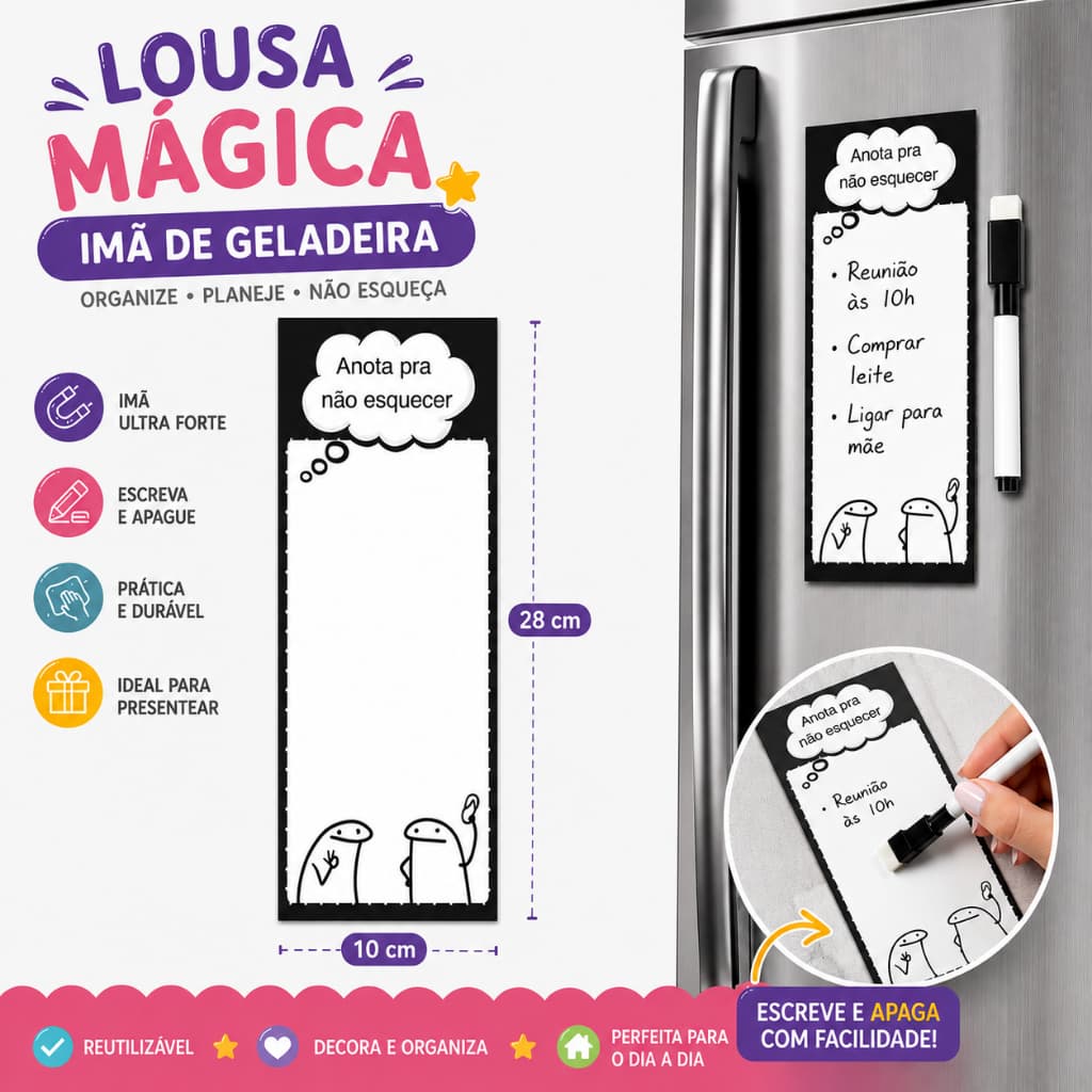 Imã de Geladeira Lousa Magnética Magica de Anotações + Caneta Quadro Branco com Apagador e Imã Papelaria