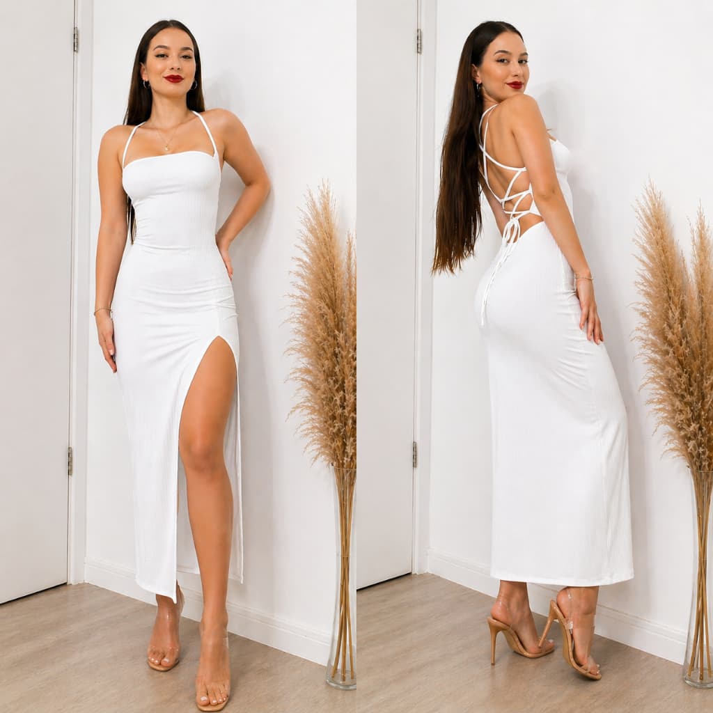 Vestido LONGO SUPLEX PREMIUM com fenda elegante costas nua trançada festas empina bumbum Suplex Premium