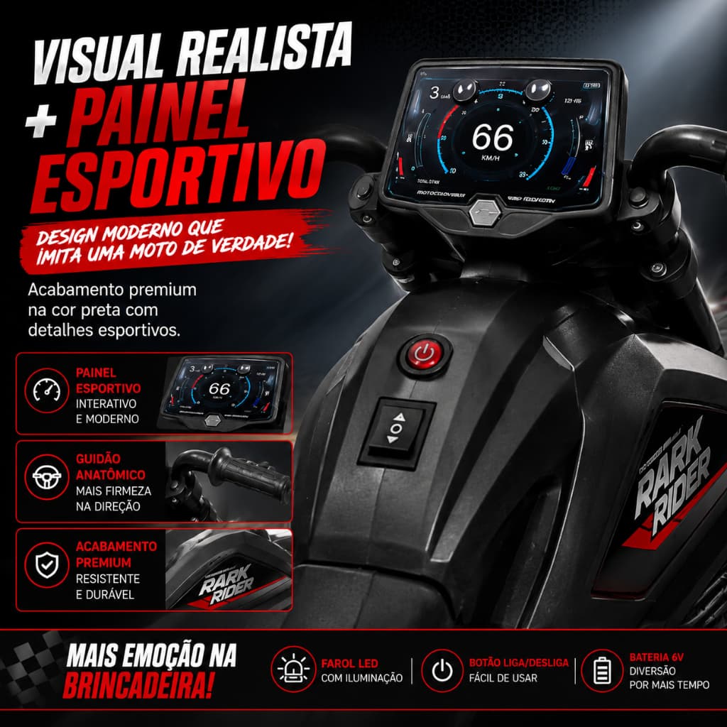 Moto Elétrica Infantil Dark Rider Preta LED Painel Esportivo 6V com Rodinhas