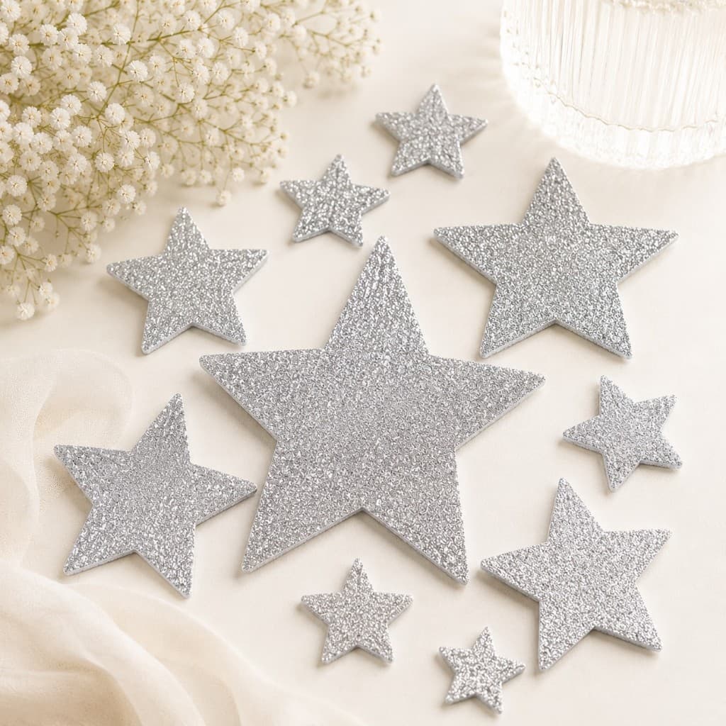 Kit 100 Aplique Estrelas de EVA Glitter Prata Decoração Scrapbook Festa Artesanato