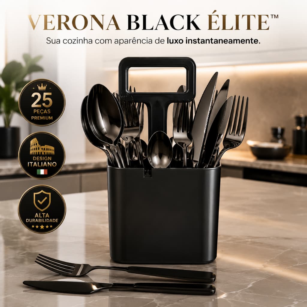 Conjunto de Talheres Verona 25 Peças Preto – Elegância, Modernidade e Durabilidade para Sua Mesa 🍽️