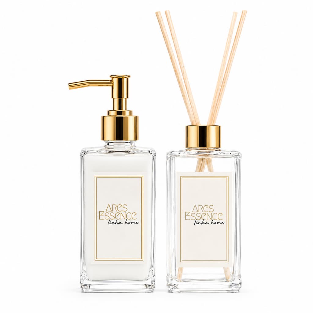 Kit Lavabo Luxo Square 250ml Difusor de Varetas + Saboneteira Vidro Elegante Ares Essence