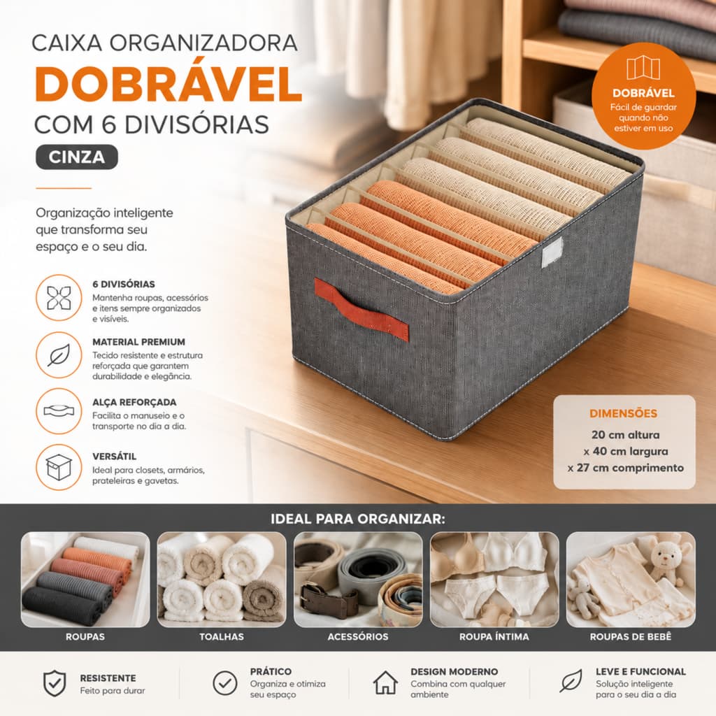 Caixa Organizadora Dobrável 6 Divisórias Organizador Gaveta Guarda Roupa- Cinza