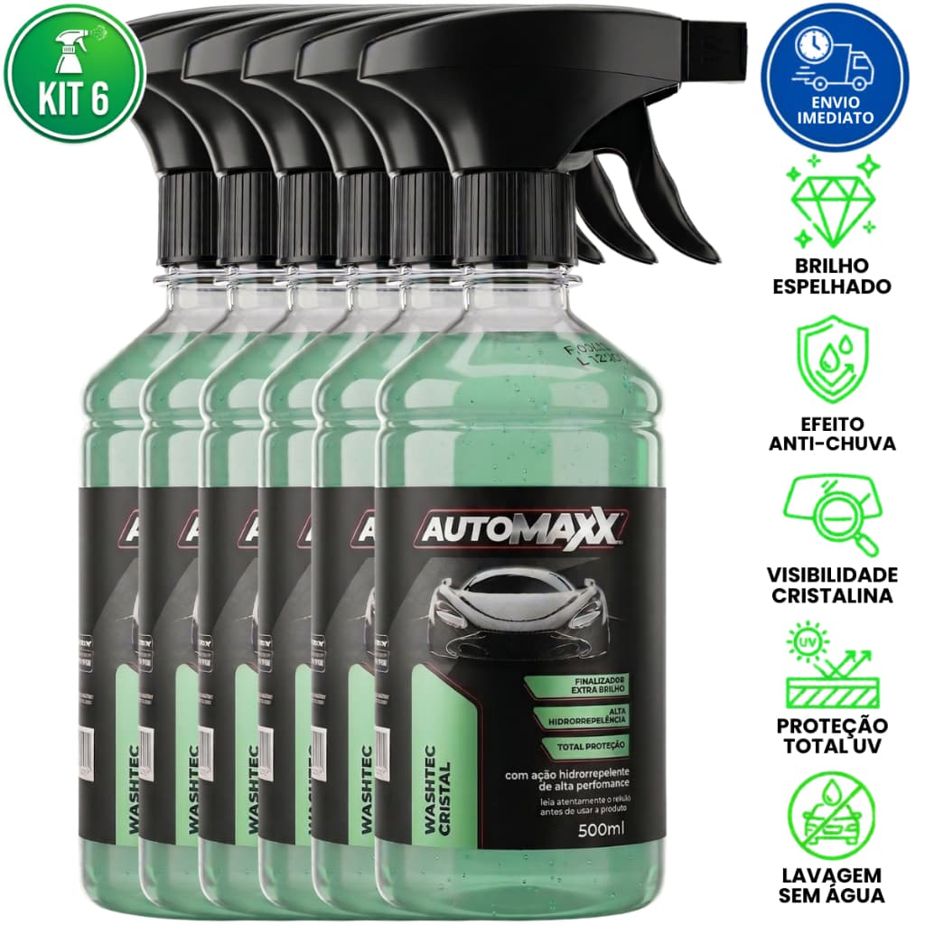 Kit 6 Spray Lavagem a Seco Brilho Alto Finalizador com Silicone Repelente Água Lataria e Vidros Automax Washtec Cristal