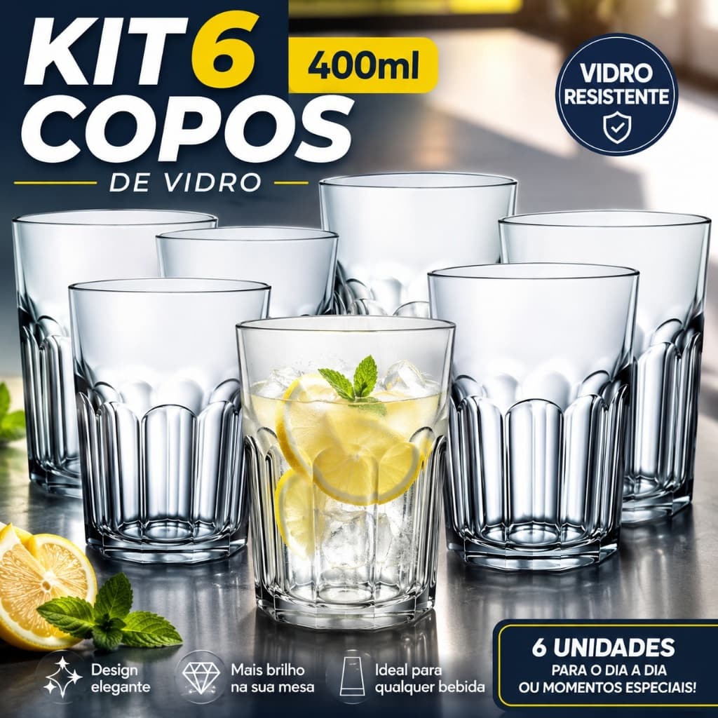 Kit 6 Copos Vidro Grosso 400ml Resistentes para Suco Água Drink Alta Qualidade – JIGO3