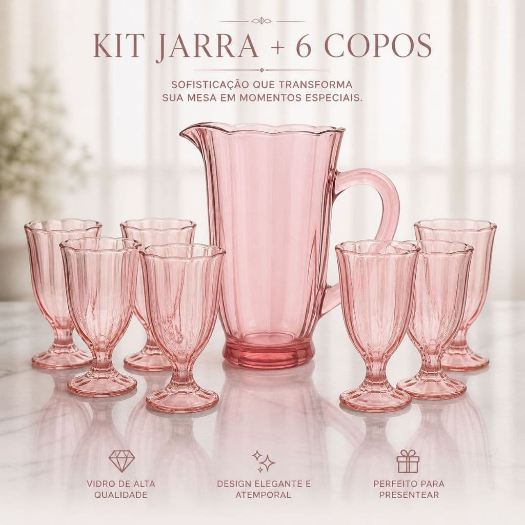 Kit de  Jarra + 6 taças de vidro Rosa Luxo Hauskraft.
