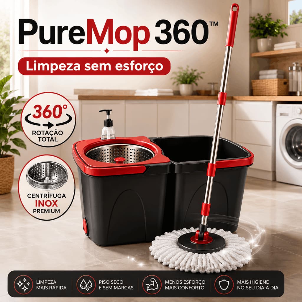 Mop Giratório PureMop 360 Balde Duplo Centrífuga Inox Limpeza Fácil