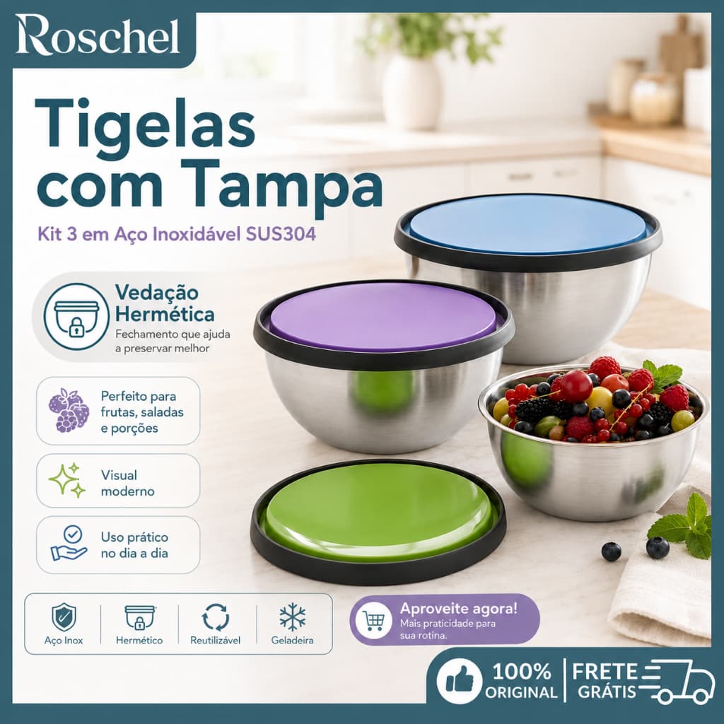 KIT 3 Potes Tigelas Em Inox Alumínio Com Tampa Redondo Para Manter Os Alimentos Frescos E Quentes