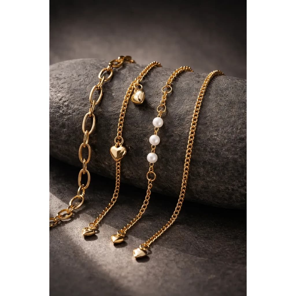 1Kit 4 Pulseiras Femininas Douradas Coração Pérola Elos