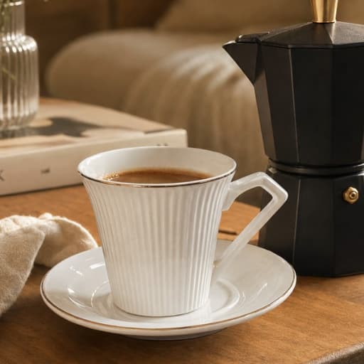 Jogo de 2 4 6 Xícaras com pires de Café Expresso 90ml em Porcelana Branca com Relevo e Borda Dourada 12 pecas escritorio
