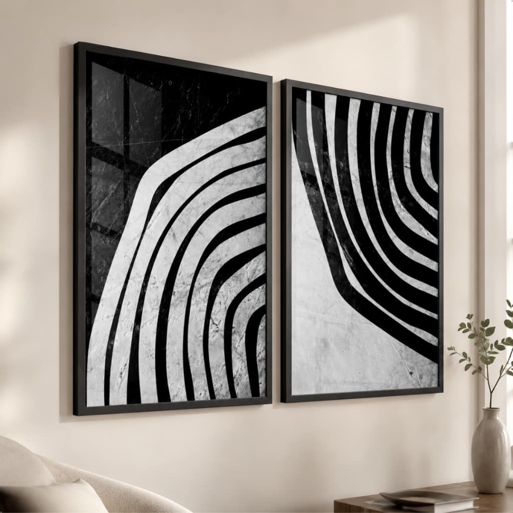 Kit 2 Quadros Decorativos Abstrato Moderno Luxo Moldura Vidro Sala Quarto Escritório Duo Premium