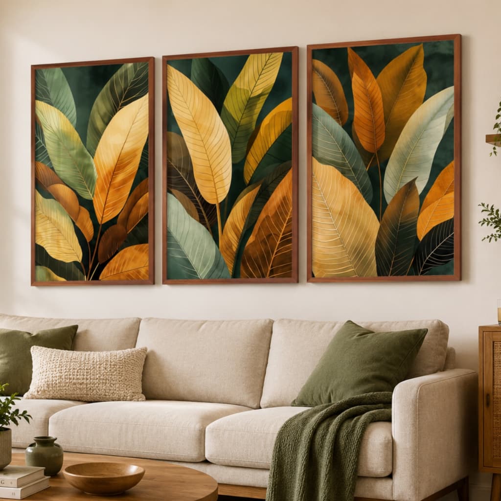 Quadros Decorativos Kit Trio Floral Natureza Folhas Elegantes Moldura Sala Quarto Premium Vidro
