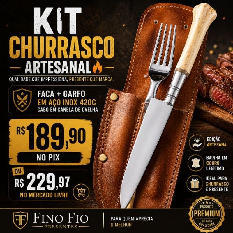Kit Churrasco Faca Garfo Cabo de Osso Bainha Couro Presente Top