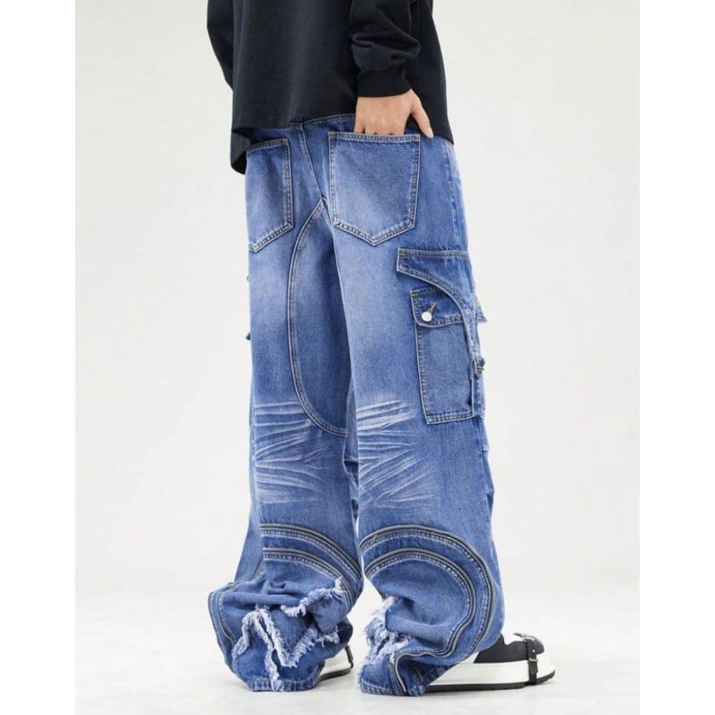 Calça cargo unissex baggy oversized streetwear estonada jeans 6 ou 8 bolsos sarja elástico na cintura skatista contraste