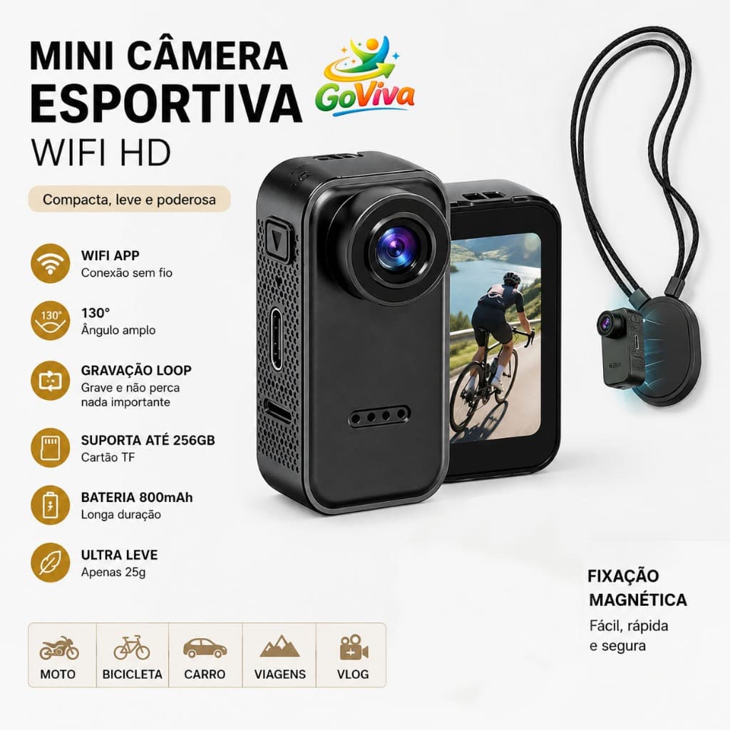 Mini Câmera Esportiva 2K WiFi HD Vlog Moto Bicicleta Gravador com Suporte Magnético