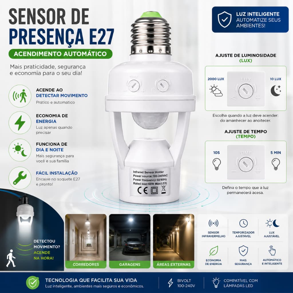 Soquete Inteligente E27 com Sensor de Movimento Liga Desliga Sozinho 110~240V