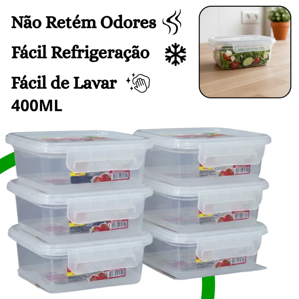 Kit 6 Pote Marmita Hermético 400ml Retangular Tampa com Trava Livre de BPA