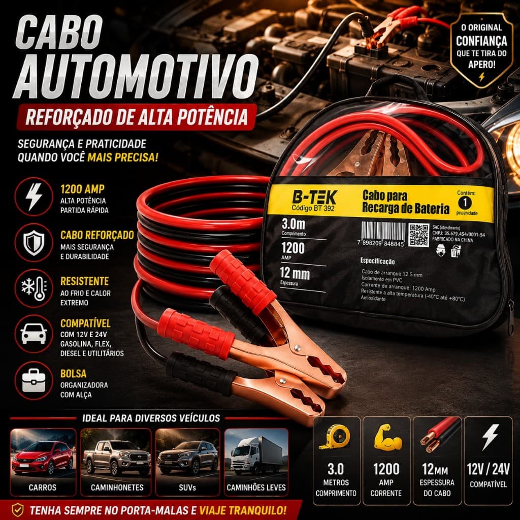 Cabo Chupeta 1200 AMP Reforçado para Bateria Carro 12V 24V