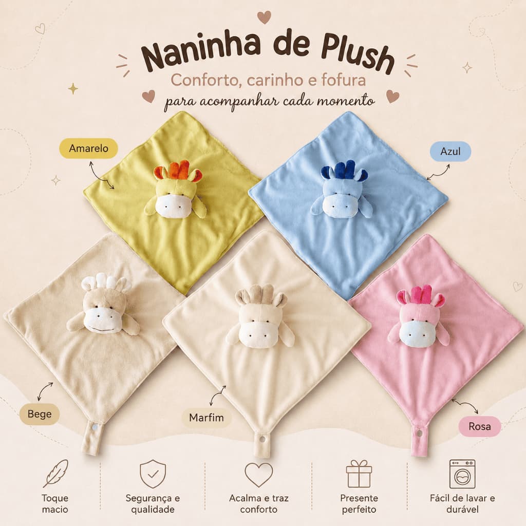 Naninha Bichinhos Bebe em Plush Prendedor Chupeta Girafa Rosa Azul Bege Amarelo Palha Marfim