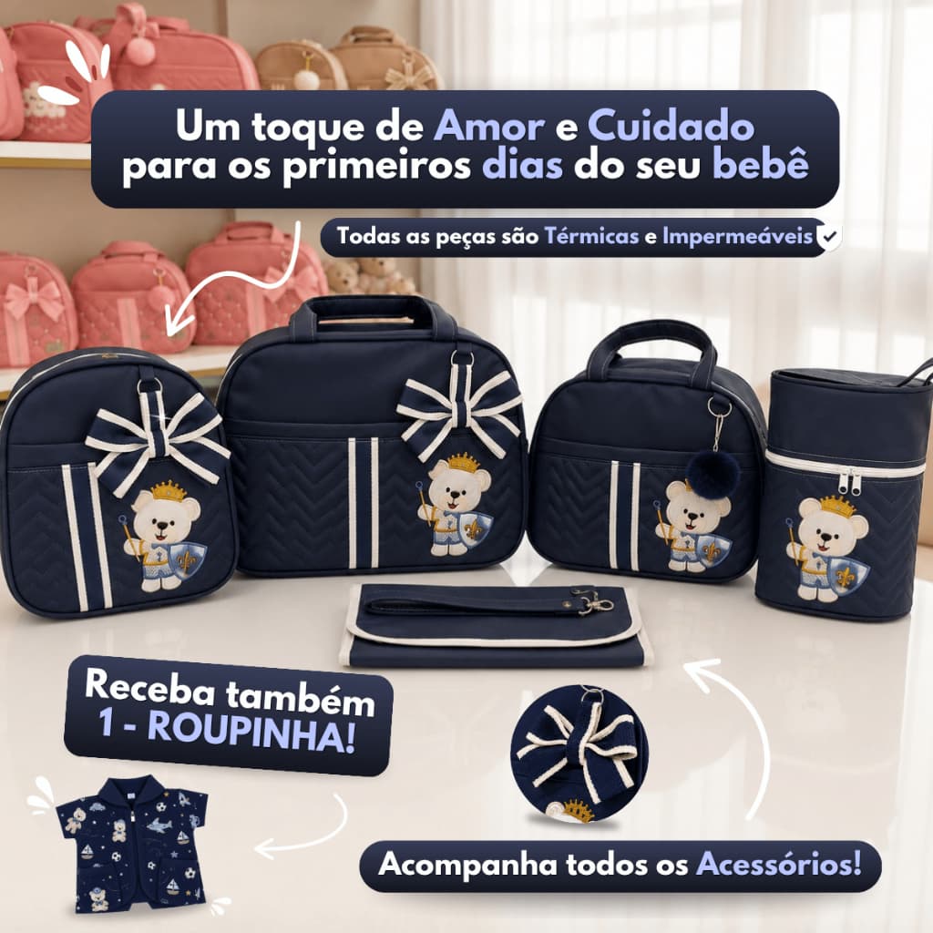 Conjunto Kit Bolsa Saída Maternidade Multiuso Completo com 5 peças para Mamães de Meninos Urso