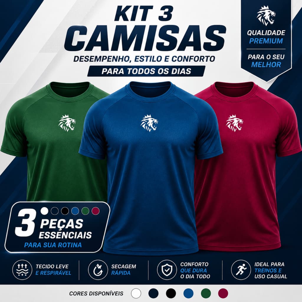 Kit 3 Camisetas Dry Fit Masculina Academia Treino Fitness Musculação Esportiva Respirável