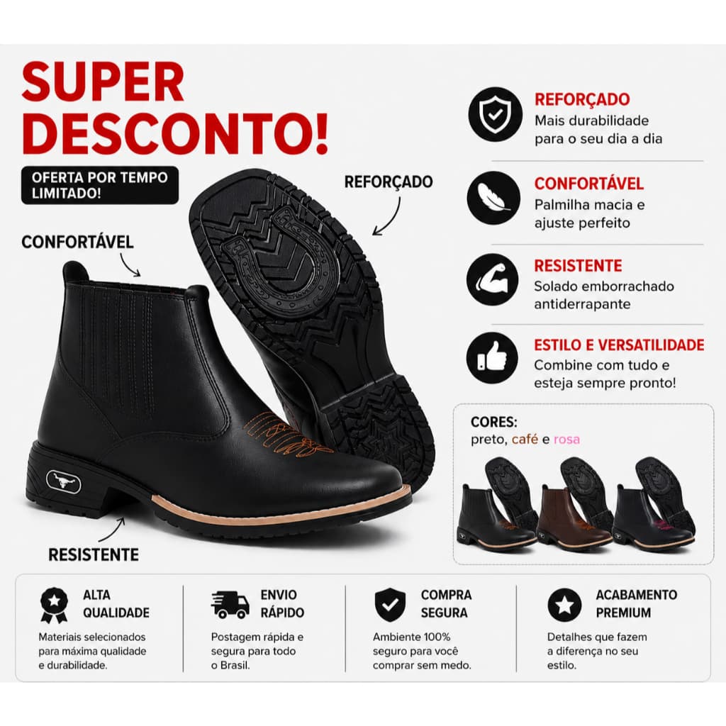 Bota Unissex Chelsea Texana Country Reforçada Confortável Bico Quadrado Couro Sintético Premium Promoção