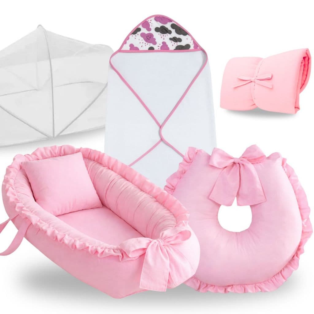 Ninho Redutor de Berço Para Bebe Menina Rosa Almofada Amamentação Toalha Banho Trocador Kit Enxoval