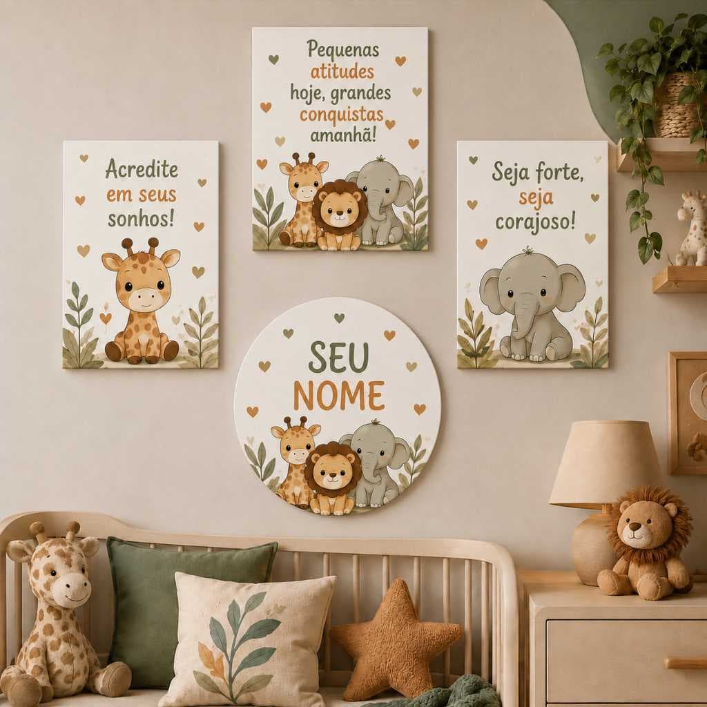 Kit Quadros Decorativos Menino Quarto Infantil Floresta Safari Minimalista Boho 4 Peças