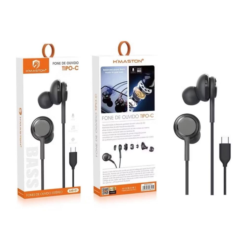 Fone de Ouvido Tipo-C H’MASTON EAR-01 | Graves Potentes com Microfone