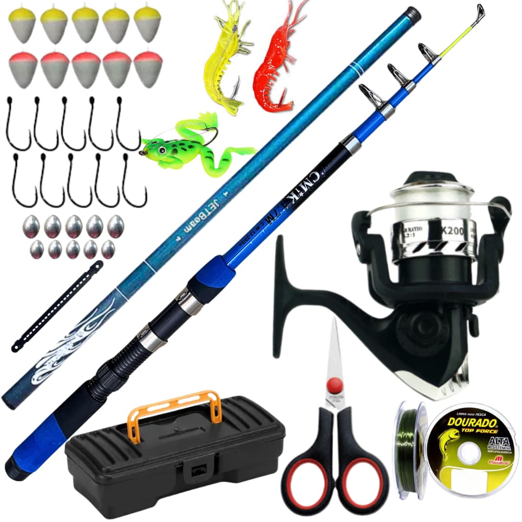 Kit Molinete Pesca Vara Fibra Vidro Carbono Telescopica Mão 5,40 Presente Amigo Pai Tilapia Rio Mar.