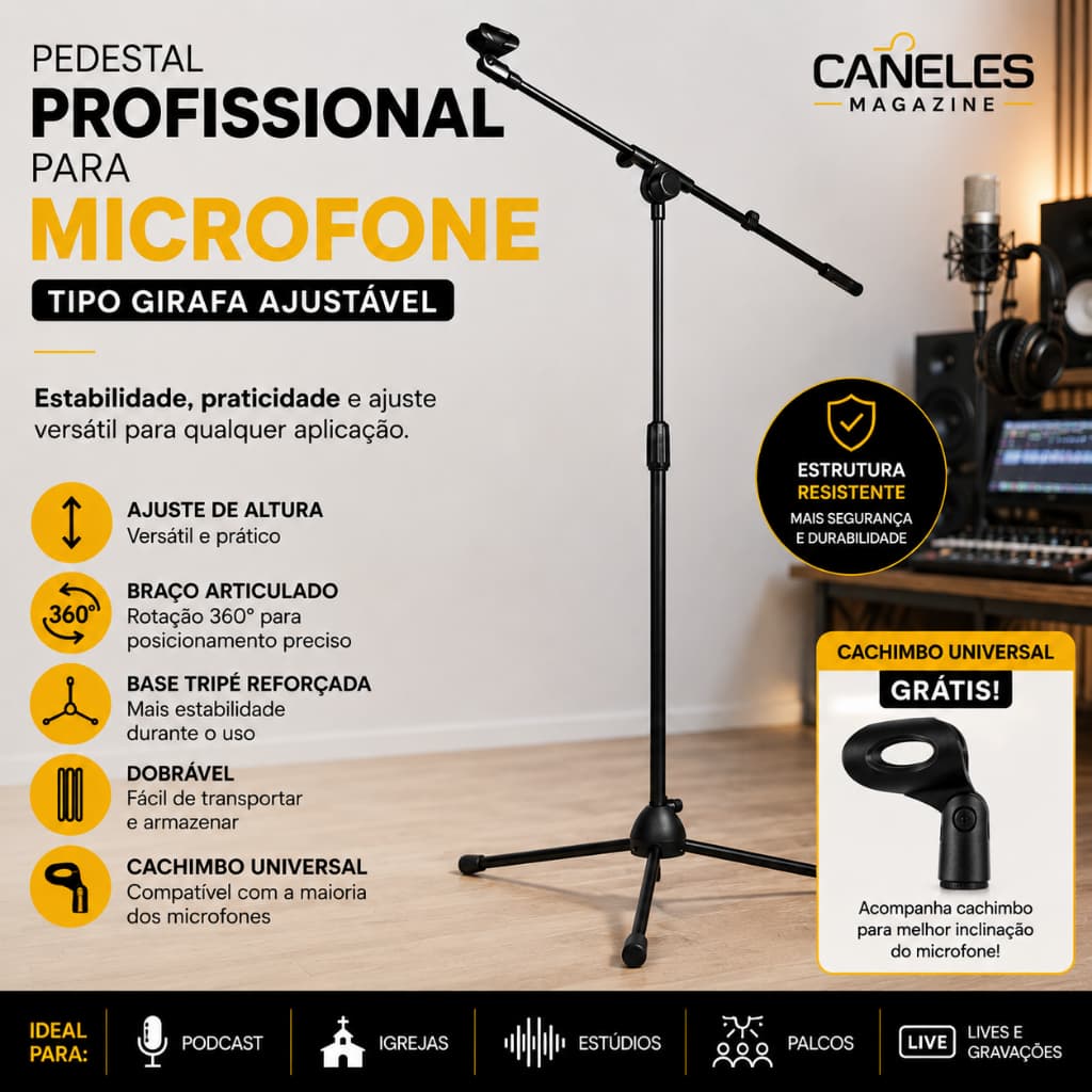 Pedestal Suporte Para Microfone tipo Girafa com cachimbo Ajustável Com Tripé Dobrável Clip Rotação 360°