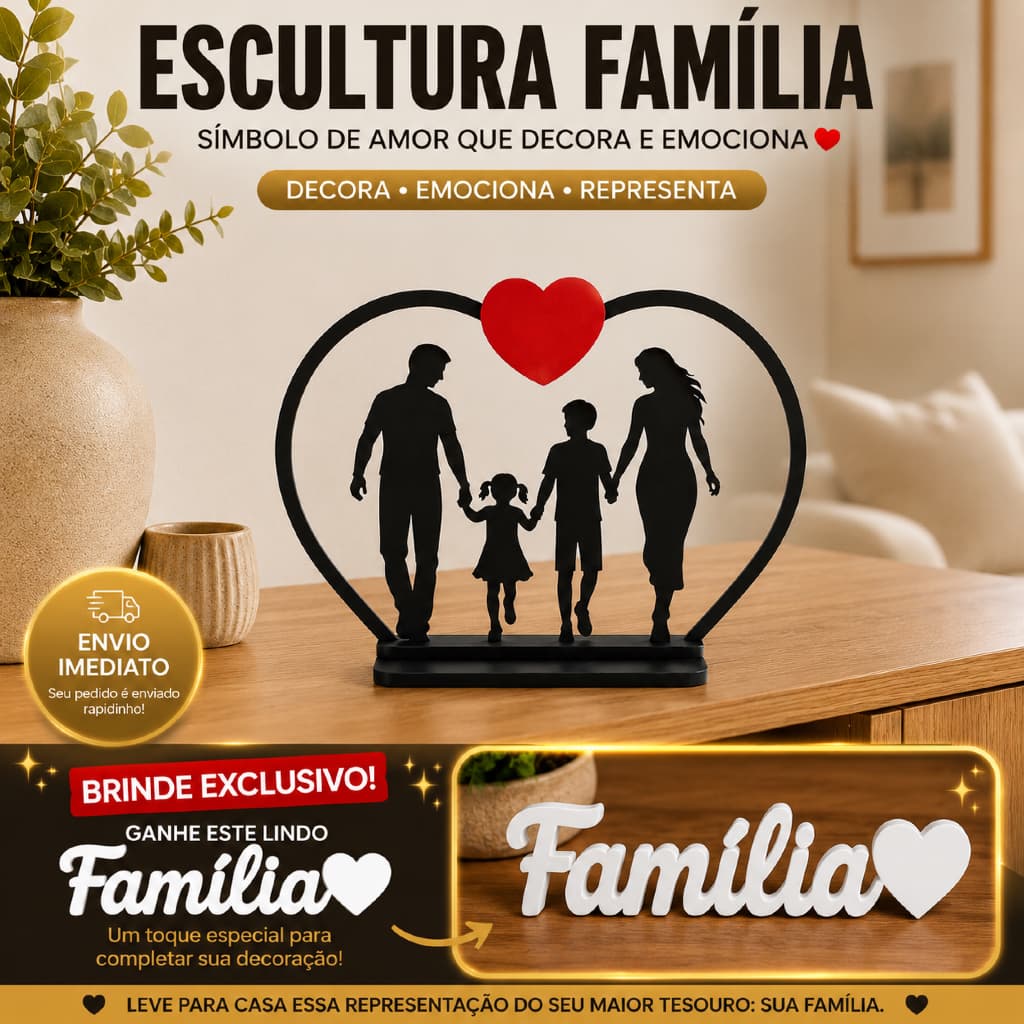 Escultura Família Coração Decorativa Enfeite Mesa Amor União Decoração Sala + Letreiro Família