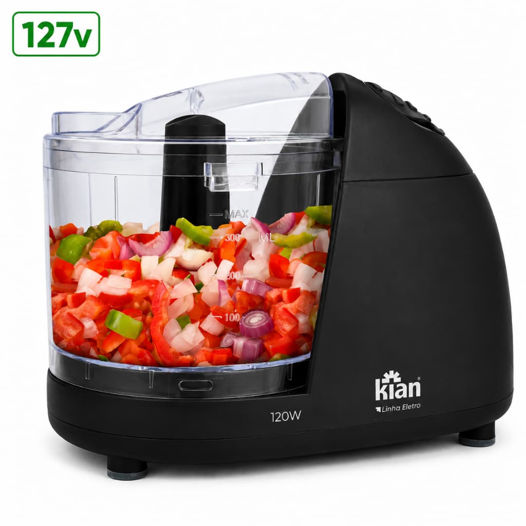 Mini Processador de Alimentos Kian 120W – Preto | 500 ml | Tampa Dosadora | Lâminas Inox | 127 V