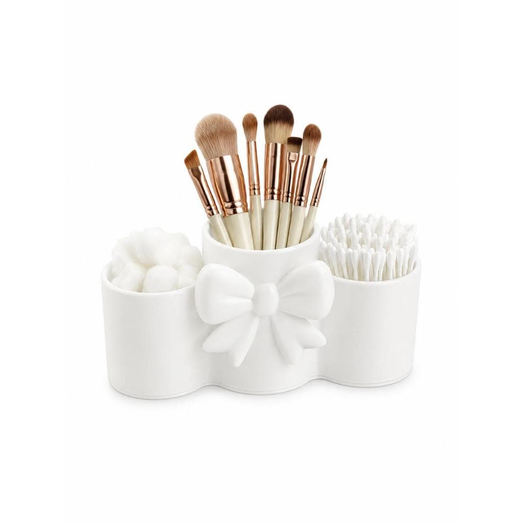 Porta Pincéis Rosa Luxo 3 em 1 ✨ Organizador Cute de Maquiagem com Laço