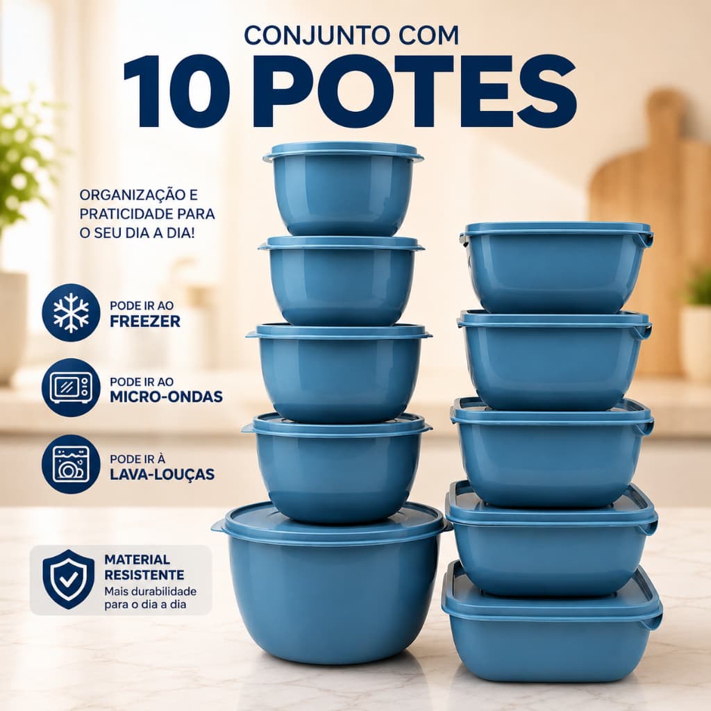 Kit Potes Plásticos de Cozinha Herméticos 5 Potes Redondo + 5 Potes Quadrado