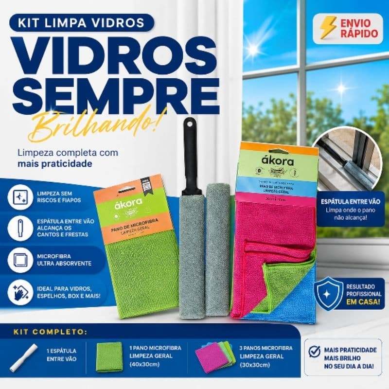 Kit Limpa Vidros Microfibra Ákora + Espátula Entre Vão | Limpeza de Vidro, Box, Janela e Espelho