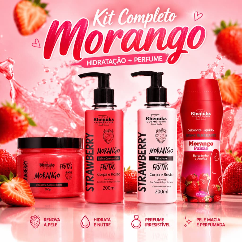 Kit Completo Rhenuks Hidratante + Esfoliante + Sabonete Liquido +  Sabonete Íntimo Morango 4 Produto