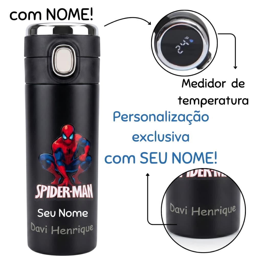 Garrafa Térmica Personalizada com NOME HOMEMARANHA  trava de segurança medidor térmico LED Inox infantil adulto Escolar