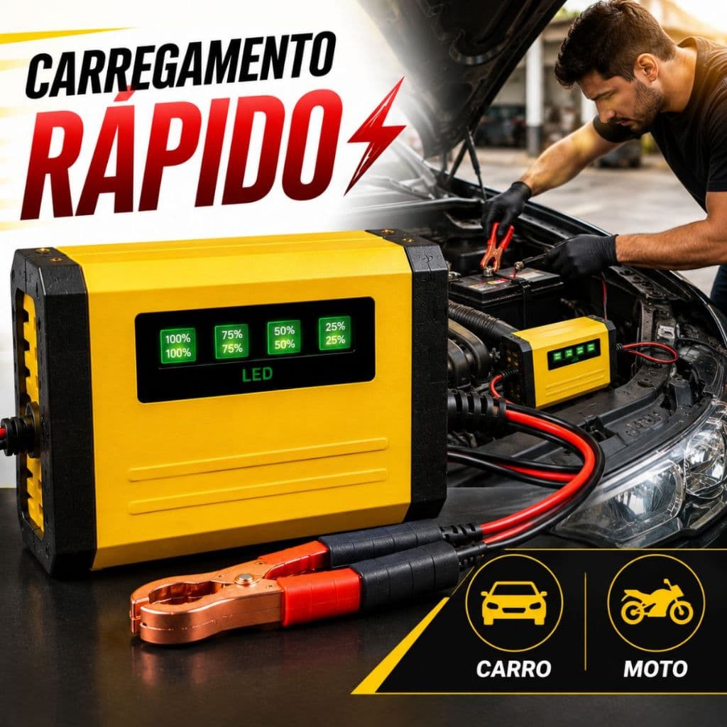 Carregador de Bateria Automotivo Inteligente 12v Bivolt Display Digital Automático Moto Carro