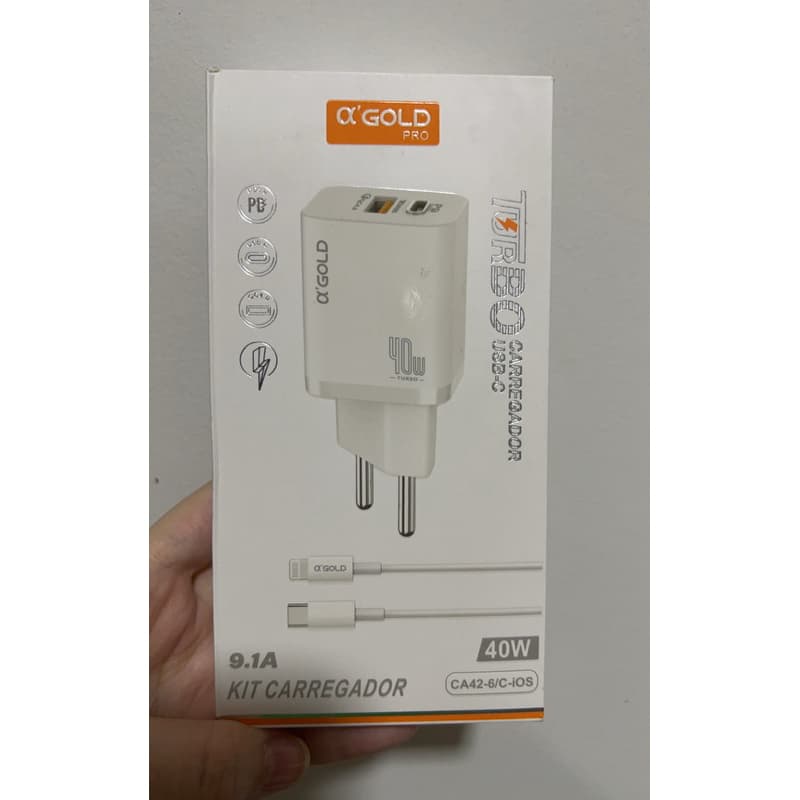 Kit Carregador Turbo CA42/C-IOS 40w Carregador Rapido Para Celular IOS Turbo Carregador Saída USB-C 9.1A Fonte e Cabo