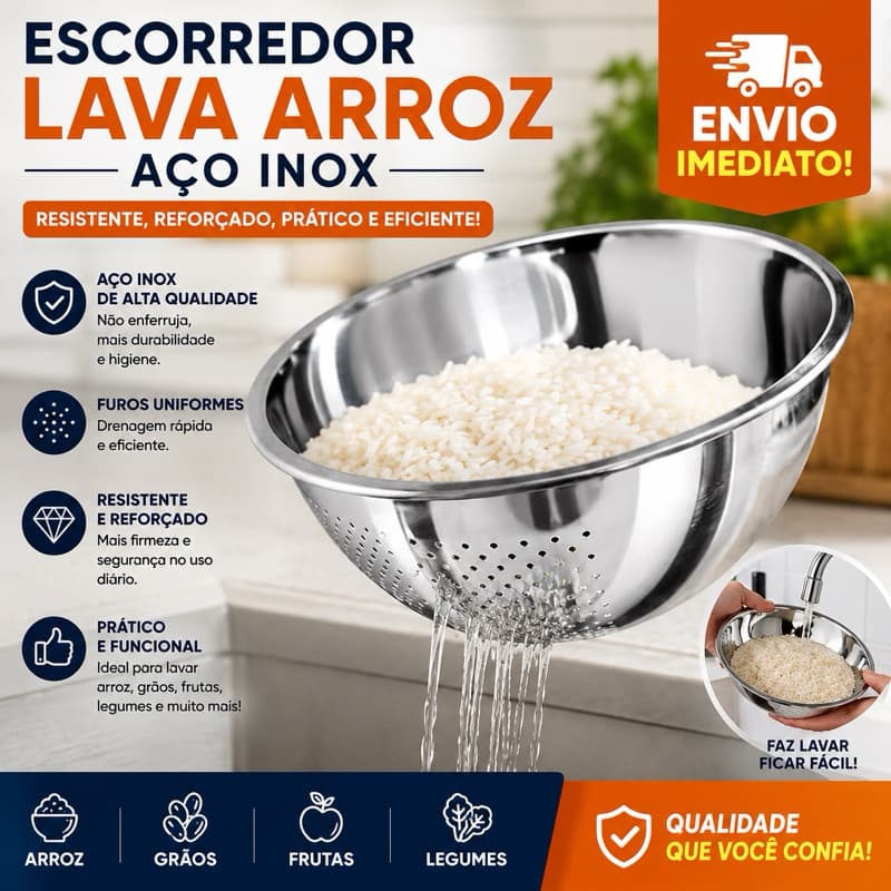 Escorredor de Arroz Inox 24cm Lava Tudo Aço Inoxidavél Resistente ENVIO IMEDIATO