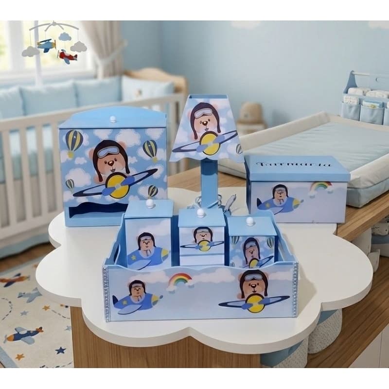 kit higiene bebê ursinho aviador em MDF