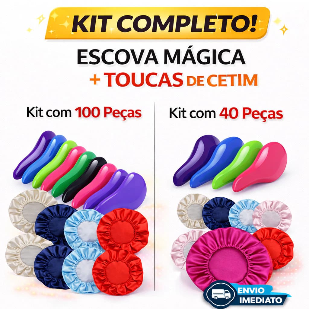 ATACADO Kit 100 ou 40 Peças Kit Escova Mágica + Touca de Cetim Anti Frizz
