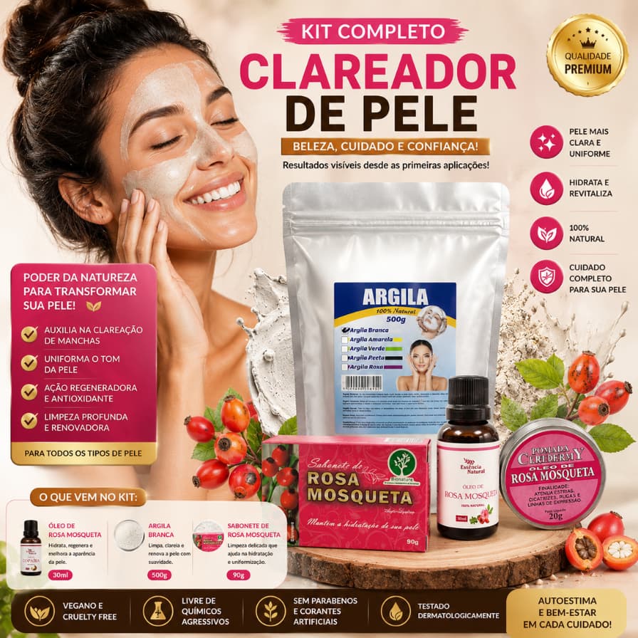 Kit CLAREADOR de Pele - Óleo de Rosa Mosqueta + Argila Branca 500g + Sabonete de Rosa Mosqueta 90g