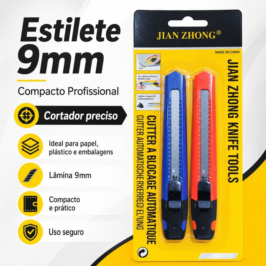 Estilete 9mm Compacto Profissional – Cortador Preciso para Papel, Plástico e Embalagens