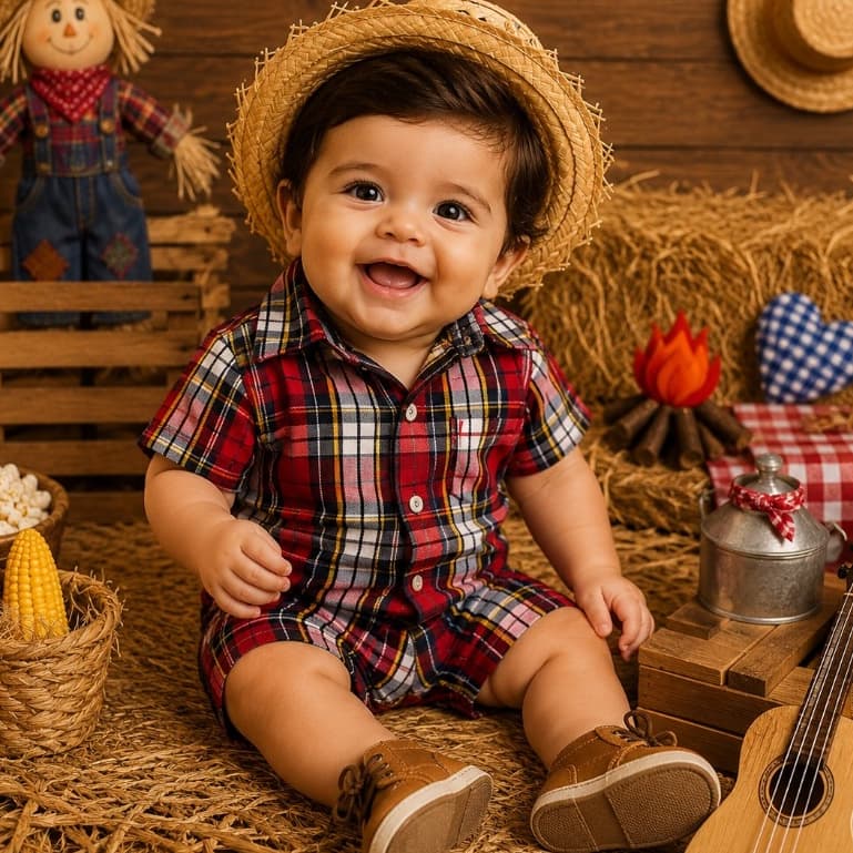 Conjunto Infantil Festa Junina Menino Camisa Xadrez e Shorts Confortável Bebê e Infantil