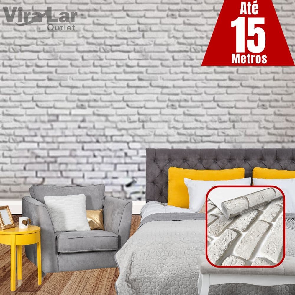 Papel de Parede Autoadesivo Premium 5 Metros Tijolinho Branco 3D Sala/Quarto 5m x 45cm