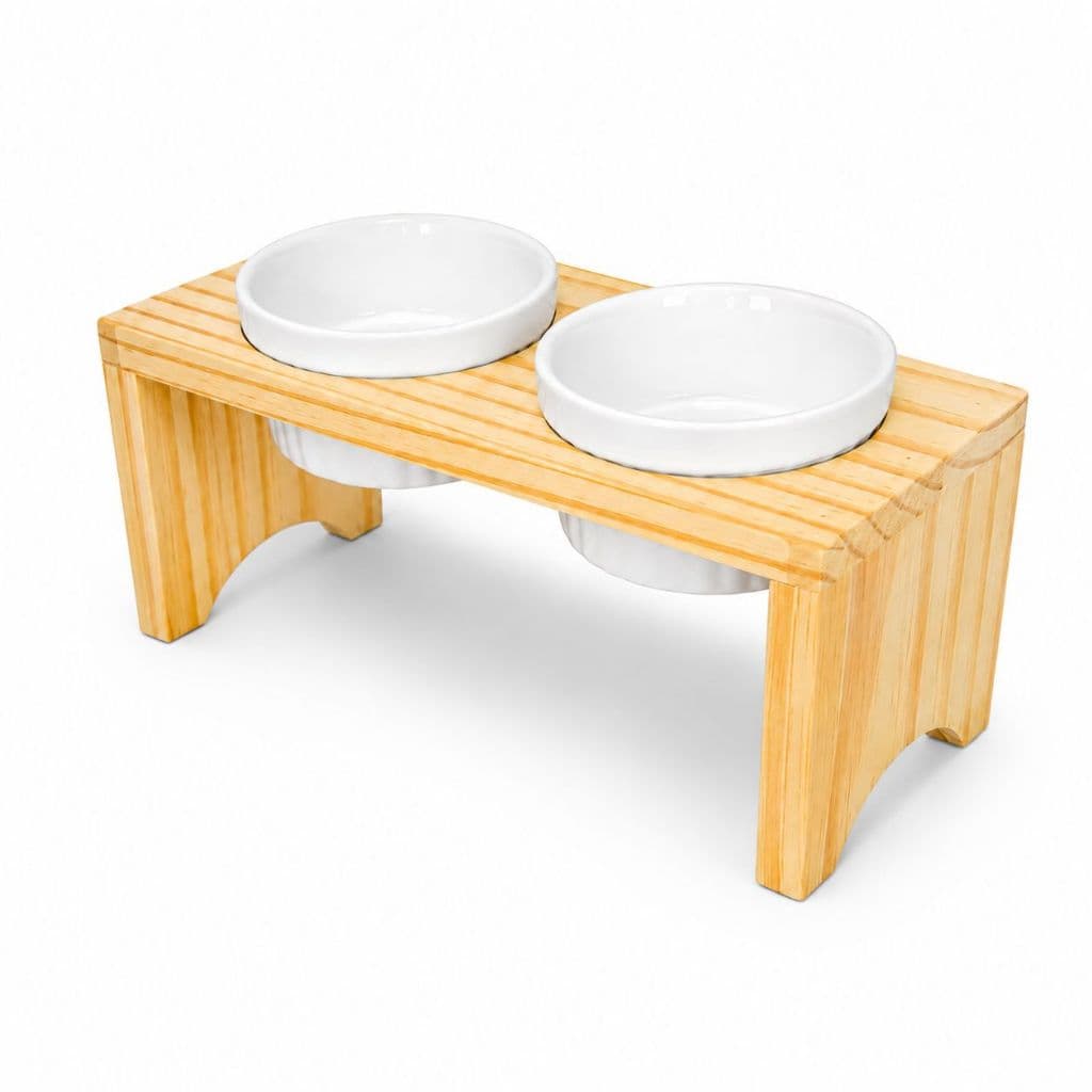 Comedouro Elevado Pet Para Cães e Gatos Suporte Madeira Pote Porcelana